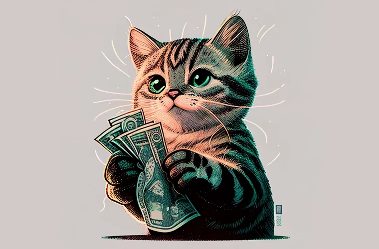 Cute tabby cat holding earnings from Kittycone Affiliate Program