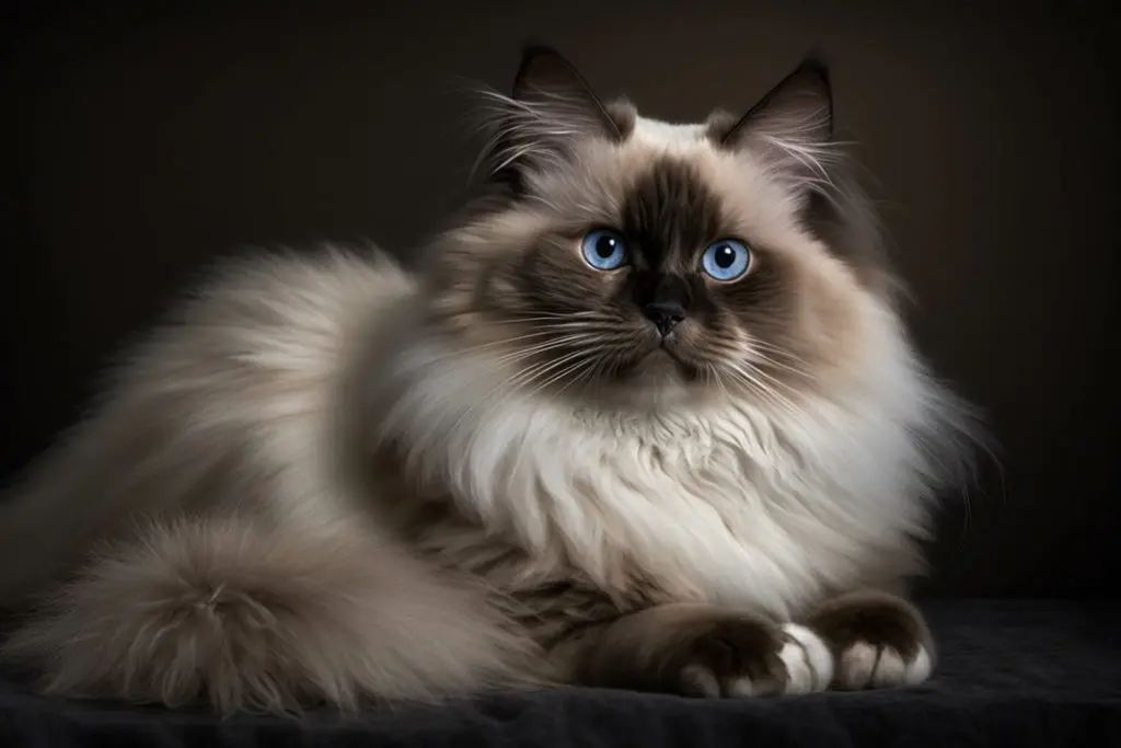 Beautiful Birman cat with captivating blue eyes and luxurious, silky long fur.