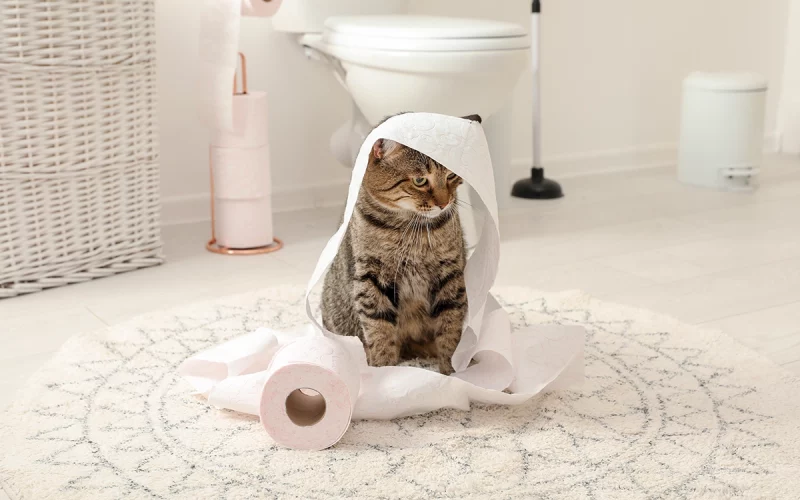 My Cat Follows Me To The Bathroom All The Time! Playful feline unraveling toilet paper roll in bathroom