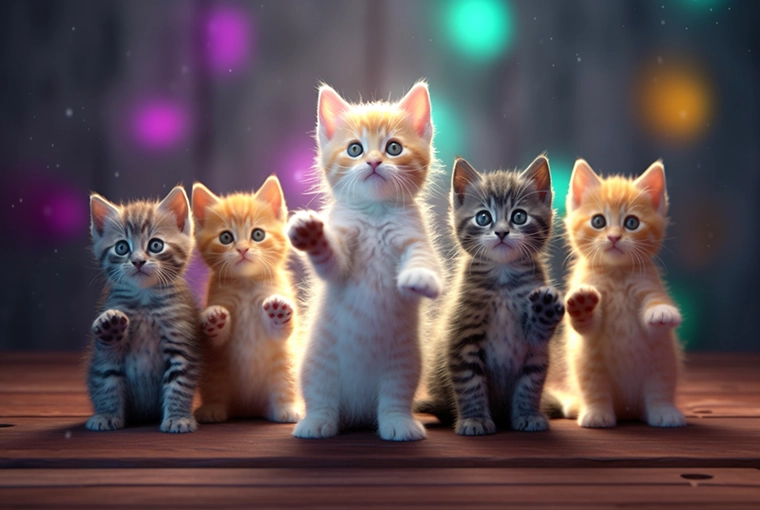 Five kittens showing off their cute different colored paws with various toe bean styles on colorful bokeh background.