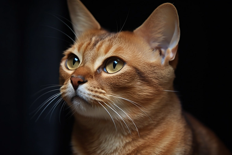 Brown Burmese cat with gold eyes looking up on dark foreground