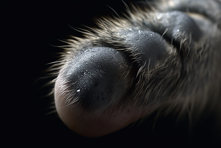 Close-up of a cat's sweaty dark gray paw and toe beans on dark background.