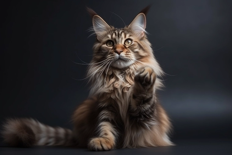 Majestic Maine Coon cat with paw up in fun pose, showcasing extra toes and polydactyly, embracing cat deformities