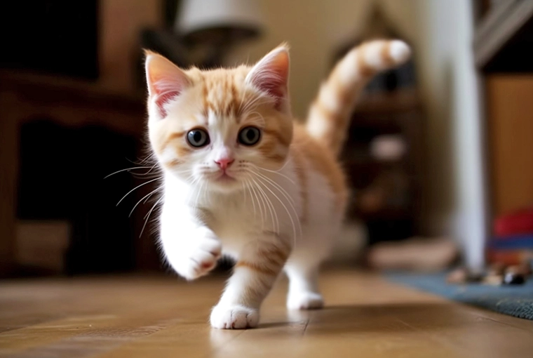 Orange and white Tabby Munchkin kitten with one paw raised up and walking on wooden floor in apartment