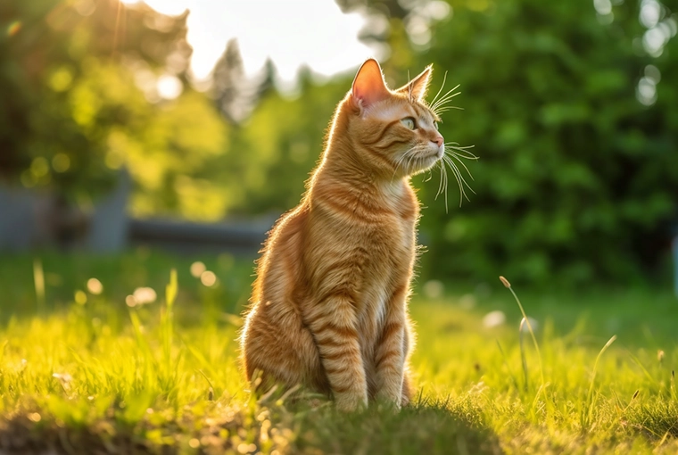 Orange tabby Manx cat looking out while sitting in the middle of a grassy field in the sunlight.