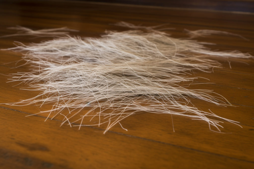 Numerous white cat whiskers scattered on a wooden floor, a normal sign of cat's whisker shedding.